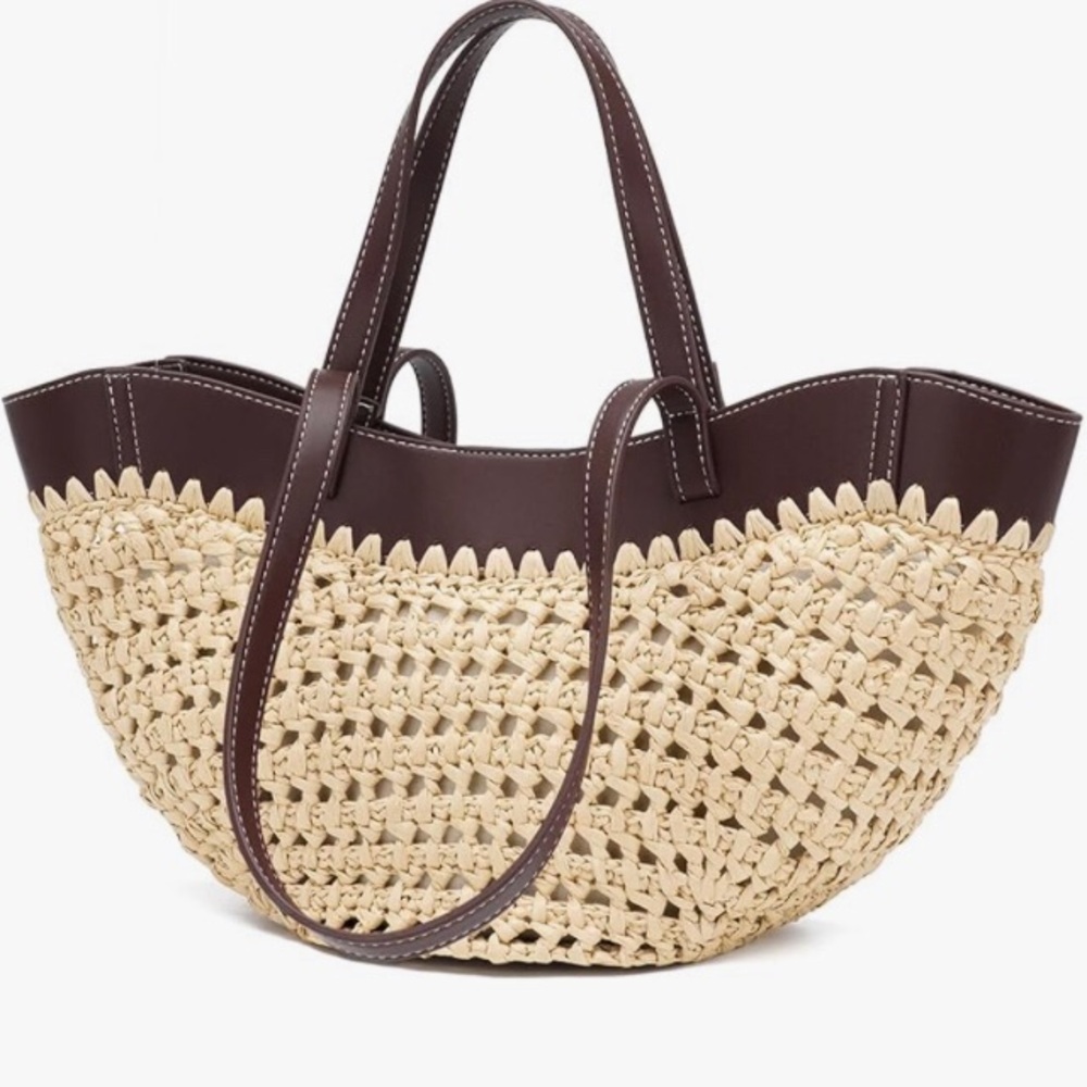 NWT Woven Straw Tote Bag with Coffee Brown PU Leather Trim